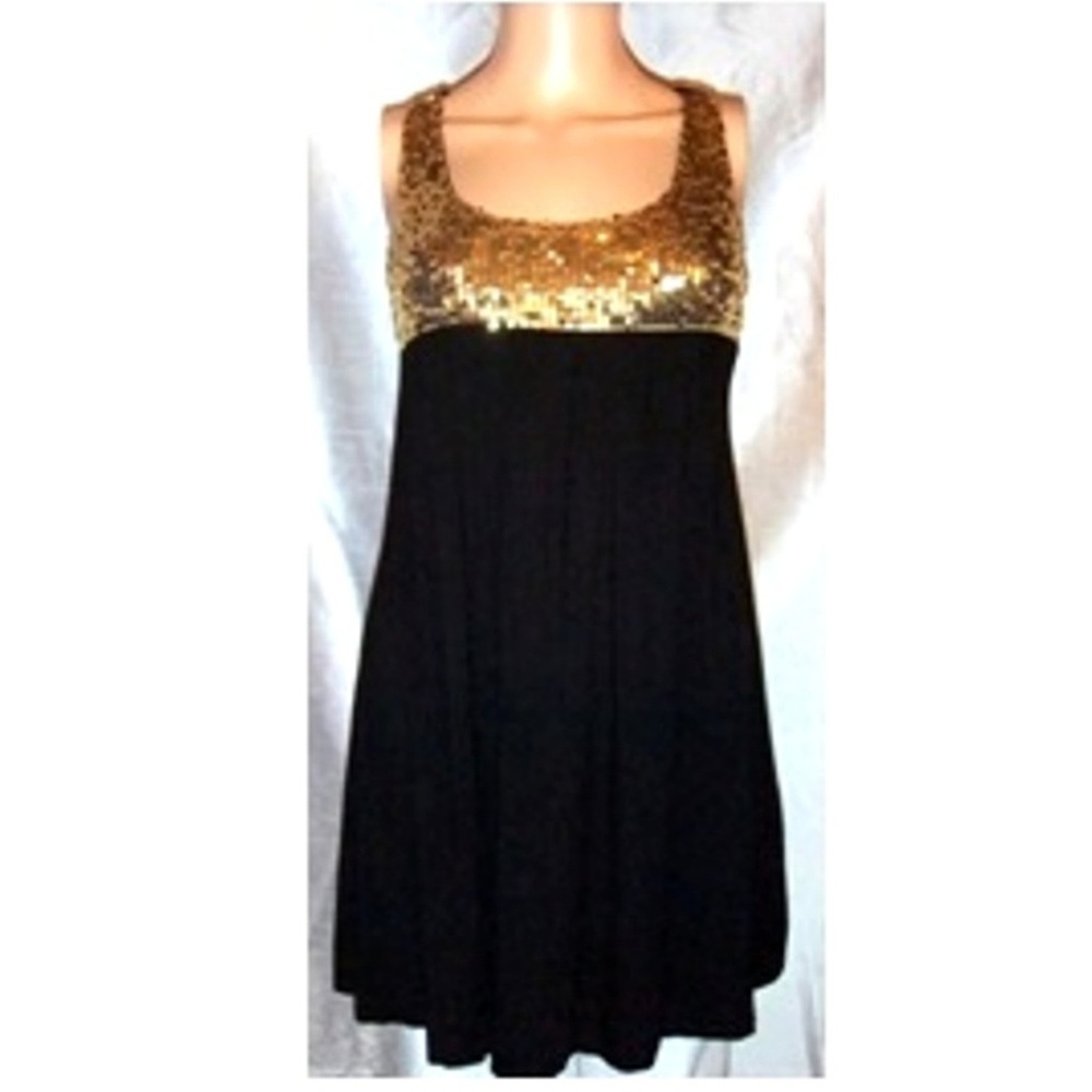 GOLD-SEQUINED BLACK JERSEY EMPIRE WAIST EVENING/COCKTAILDRESS, Size S